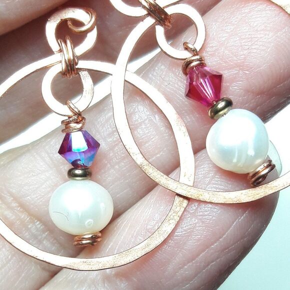 Red Pearl Copper Hooks Hidden Meaning earrings Natural Elements, Organic f  066■ - Picture 3 of 6